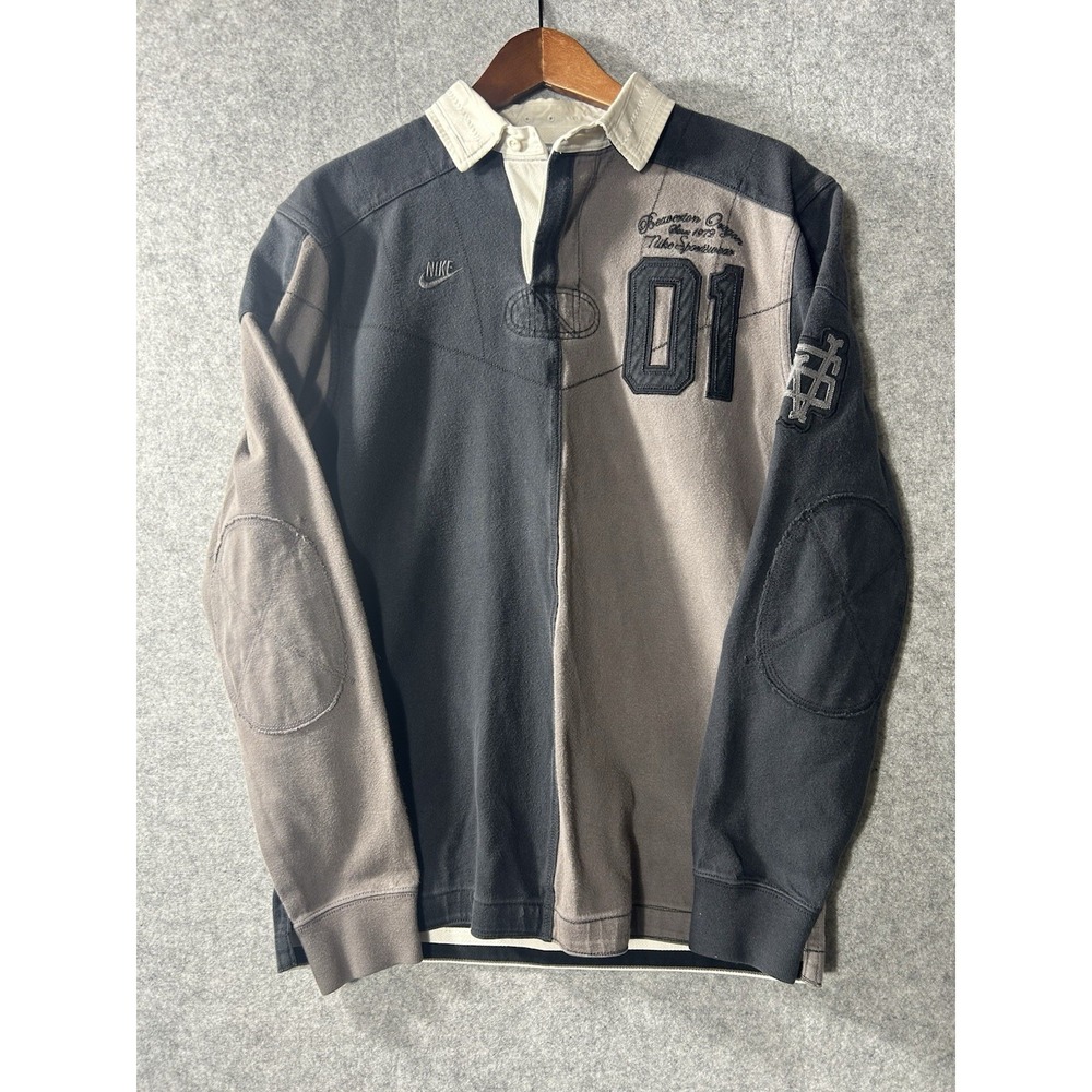 RARE VTG Y2K Nike Sportswear Rugby Shirt MED 01 Patchwork Colorblock GrayBlack